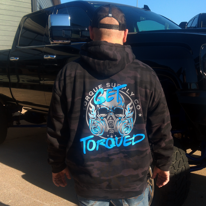 "Get Torqued" Camo Blue logo Hoodie